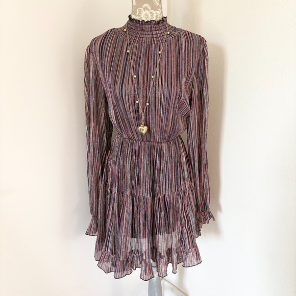 OPT Dresses & Skirts - OPT Womens XS Metallic Striped Tiered Mini Dress Mock Neck Long Sleeve